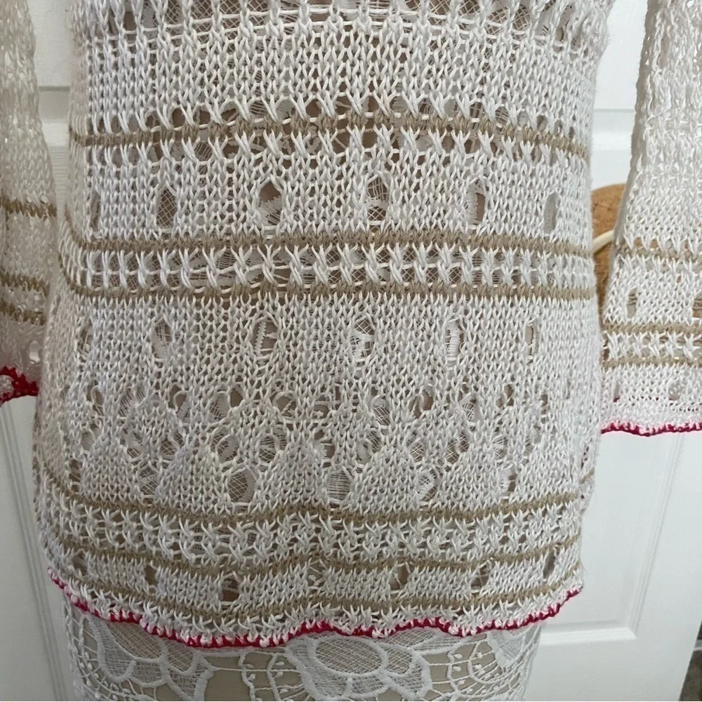 Tommy Bahama Cream White Crochet Dress Linen CoverUp Long sleeve XS